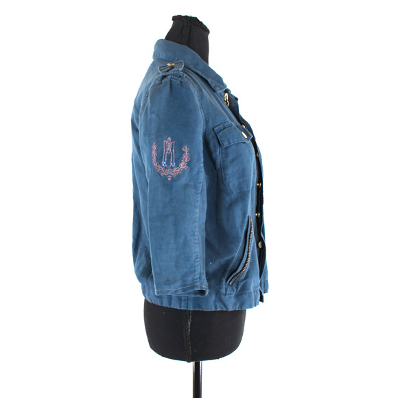 Zadig & Voltaire Kavy Blue Zip Up Linen Military Jacket XS Patch Half Sleeve Top - Picture 2 of 7